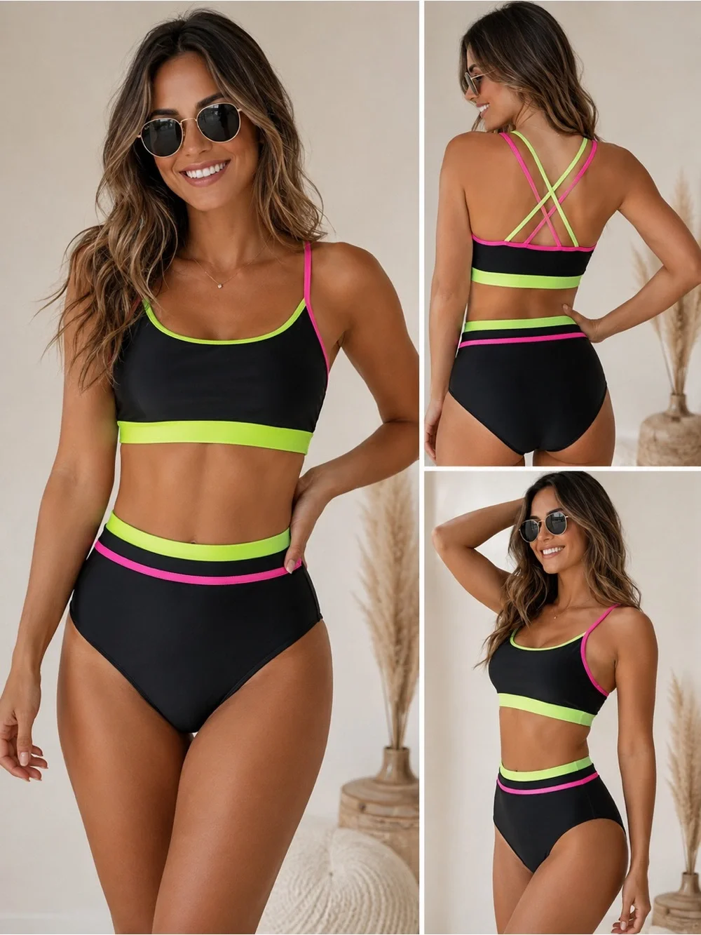 Black Bikini with Neon Green & Hot Pink Trim - Crossback Swim Set